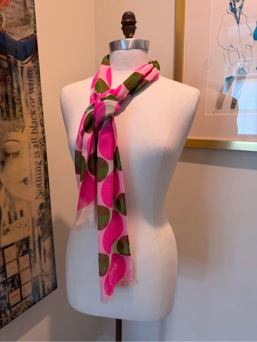 Vintage Vera Neumann Pink & Green Geometric Silk-Blend Scarf